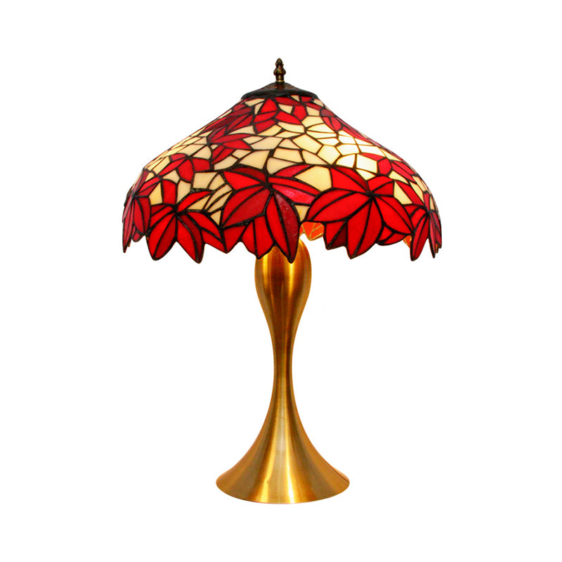 Traditional Leaf-Edge Bowl Desk Lamp 1 Bulb Handcrafted Stained Glass Night Light with Pull Chains in Red