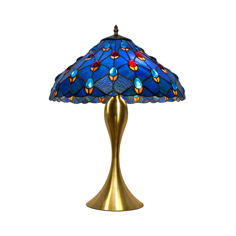 Blue Cone Nightstand Lighting Mediterranean 1 Bulb Hand Cut Glass Task Lamp with Jewel Deco