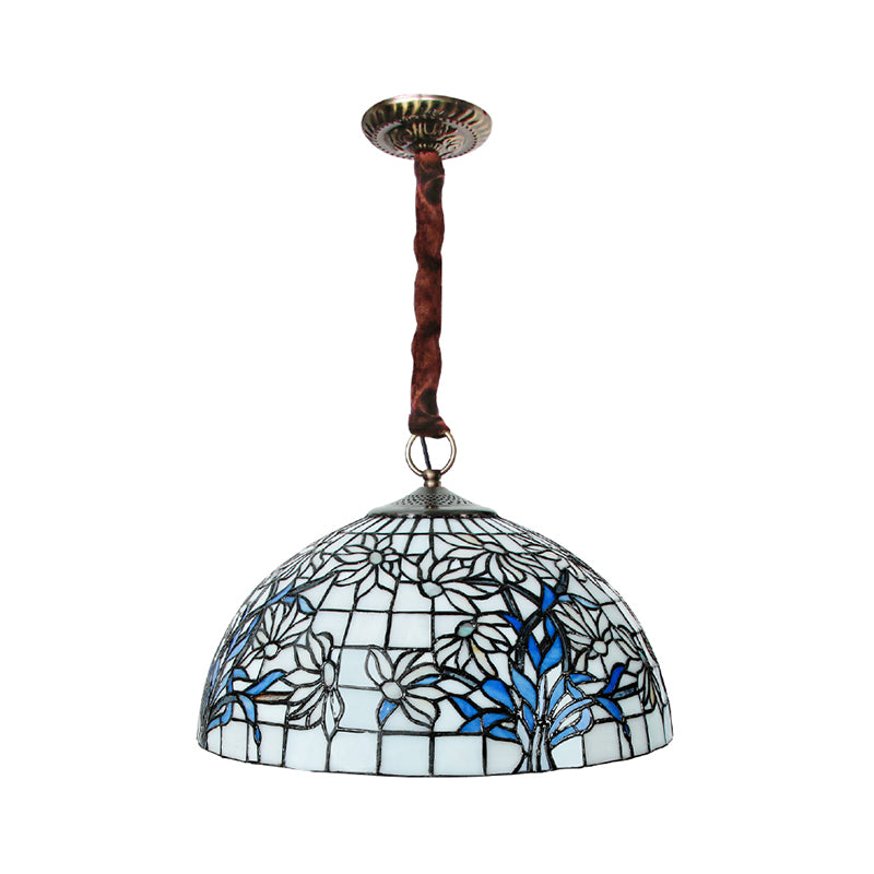 Pendre à 3 bulb lulier méditerranéen bol Tiffany en verre plafond Light avec motif de tournesol en blanc bleu