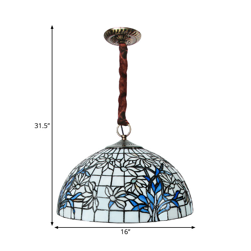 Pendre à 3 bulb lulier méditerranéen bol Tiffany en verre plafond Light avec motif de tournesol en blanc bleu