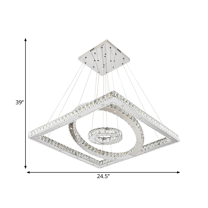 Plafonnage du salon LED Chandelier simple en acier inoxydable avec une nuance de cristal rond et carré en lumière chaude / blanche