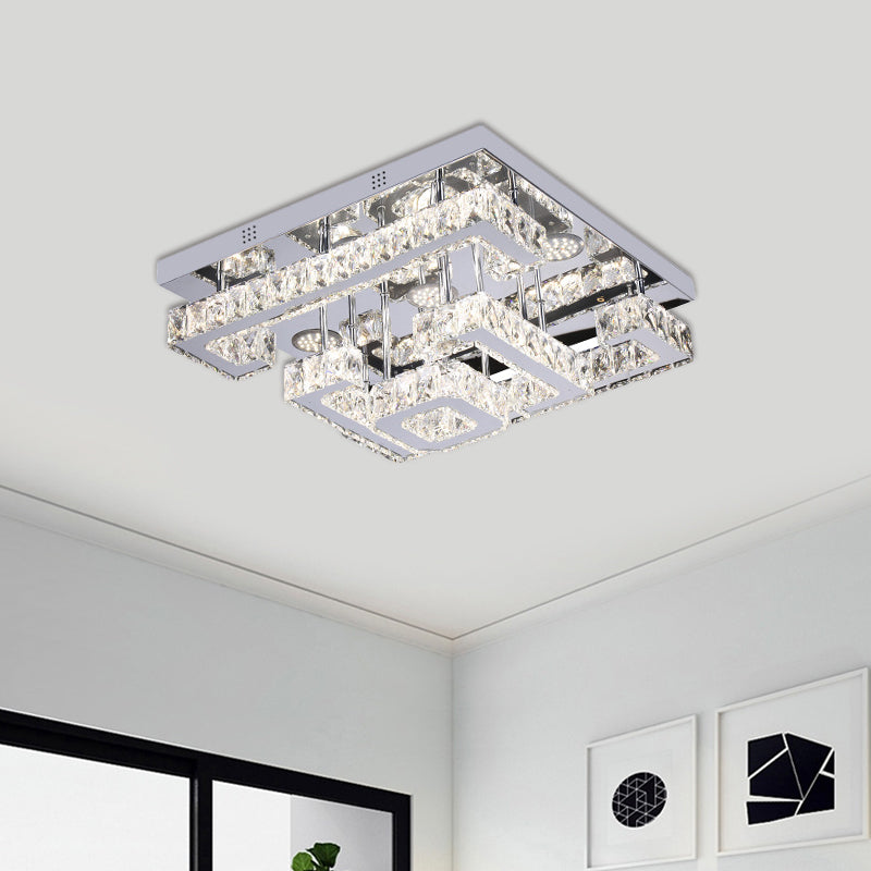 LED Guest Room Semi Flush Minimalist Chrome Ceiling Lamp with Tiered Square Crystal Shade