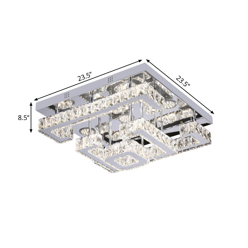 Salle d'amis du LED semi-lampe à plafond chromée minimaliste avec nuance de cristal carré à plusieurs niveaux