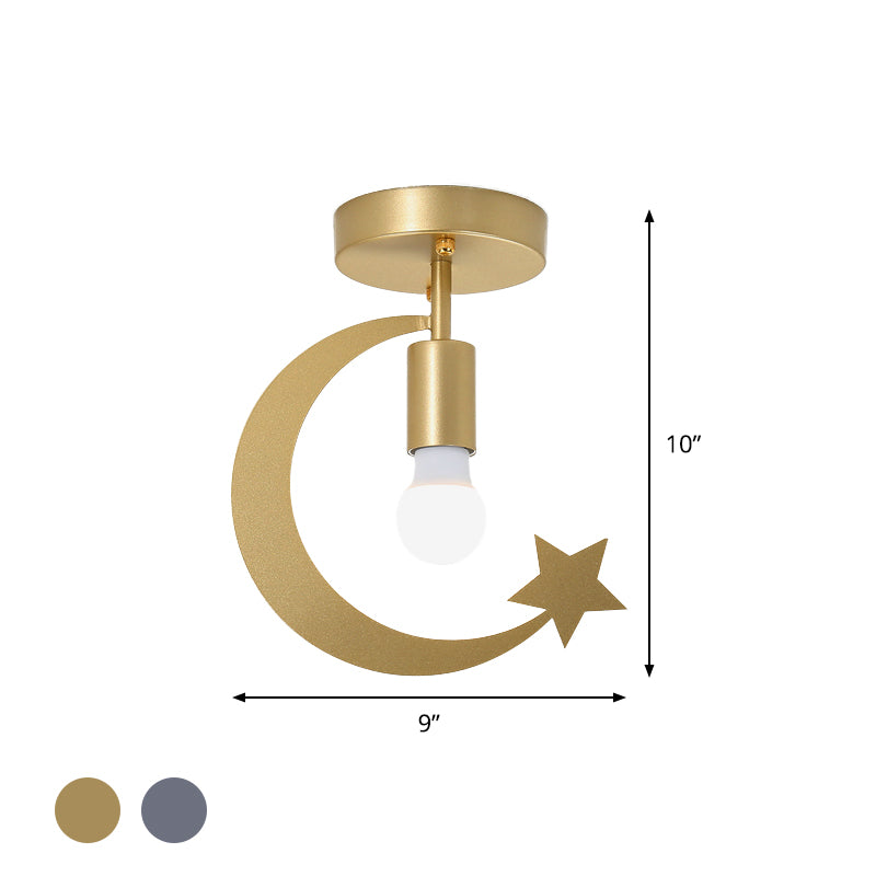 Grey/Gold Crescent and Star Semi Flush Mount Lighting Kids 1 Light Iron Flush Ceiling Light for Corridor