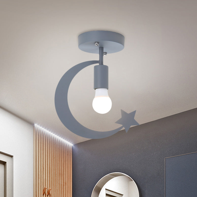 Grey/Gold Crescent and Star Semi Flush Mount Lighting Kids 1 Light Iron Flush Ceiling Light for Corridor