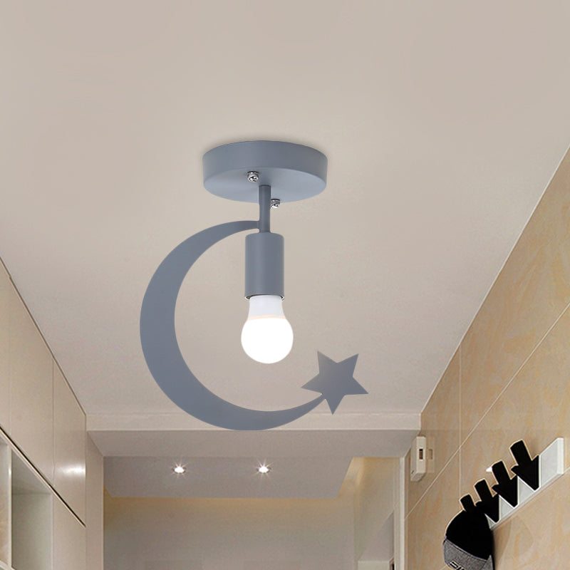 Grey/Gold Crescent and Star Semi Flush Mount Lighting Kids 1 Light Iron Flush Ceiling Light for Corridor