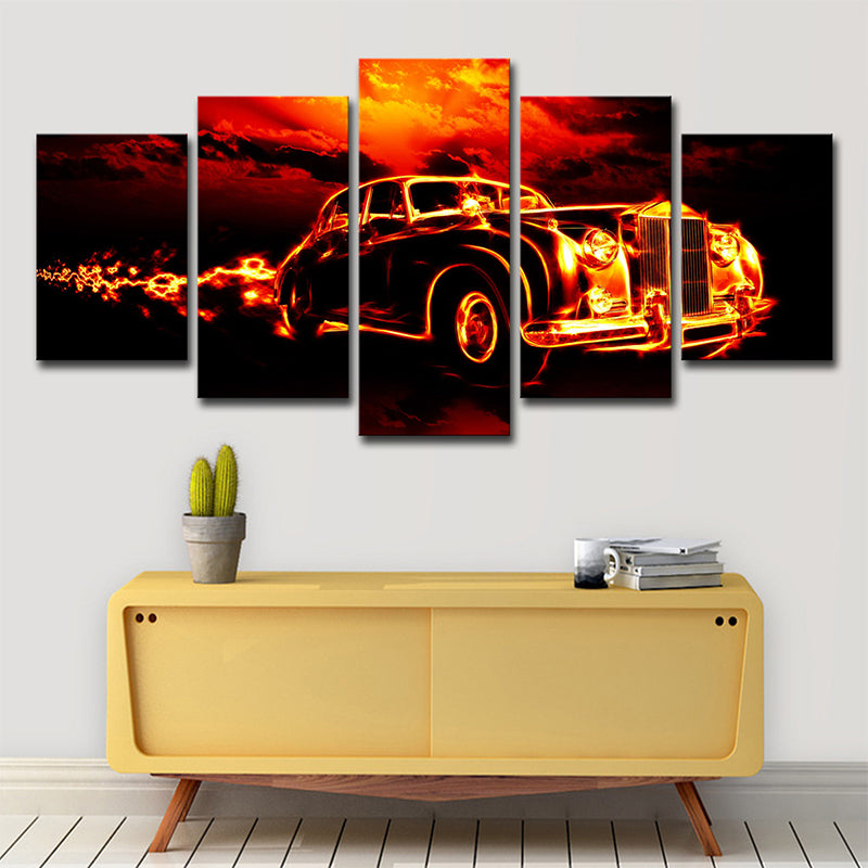 Vintage Car Wall Art Multi-Piece Contemporary Boys Bedroom Canvas in Orange-Black