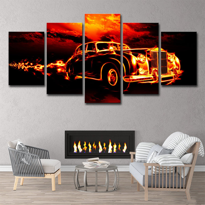 Vintage Car Wall Art Multi-Piece Contemporary Boys Bedroom Canvas in Orange-Black