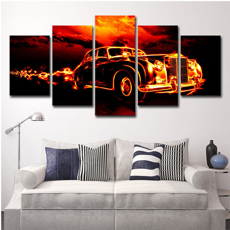 Vintage Car Wall Art Multi-Piece Contemporary Boys Bedroom Canvas in Orange-Black