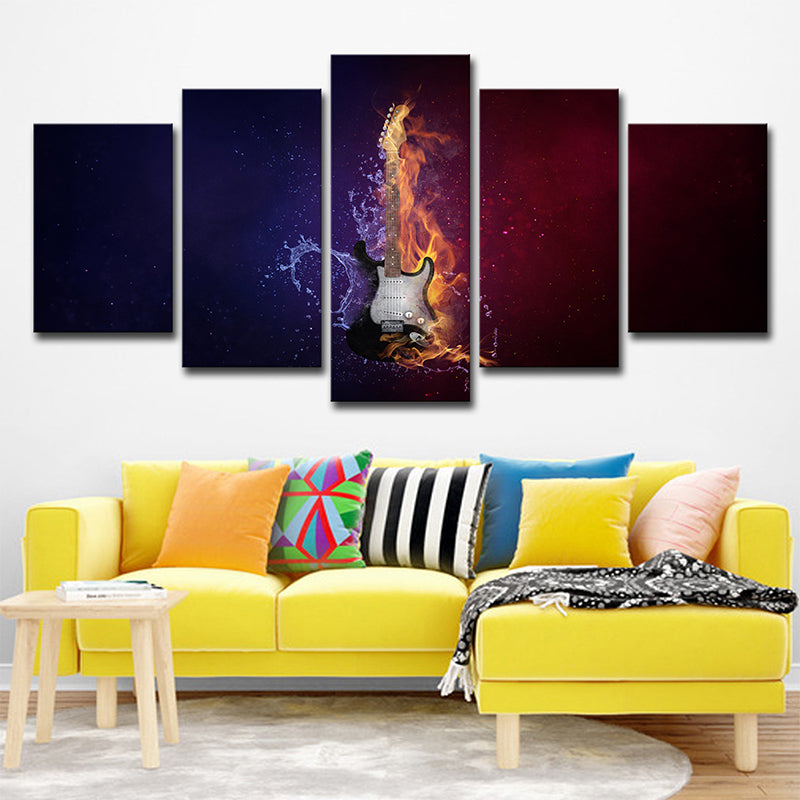 Water and Fire Guitar Canvas Print Contemporary Multi-Piece Wall Art Decor in Black