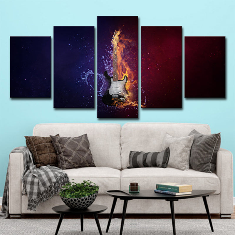 Water and Fire Guitar Canvas Print Contemporary Multi-Piece Wall Art Decor in Black