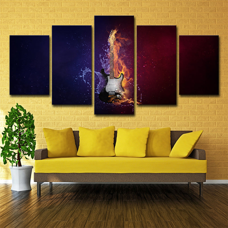 Water and Fire Guitar Canvas Print Contemporary Multi-Piece Wall Art Decor in Black