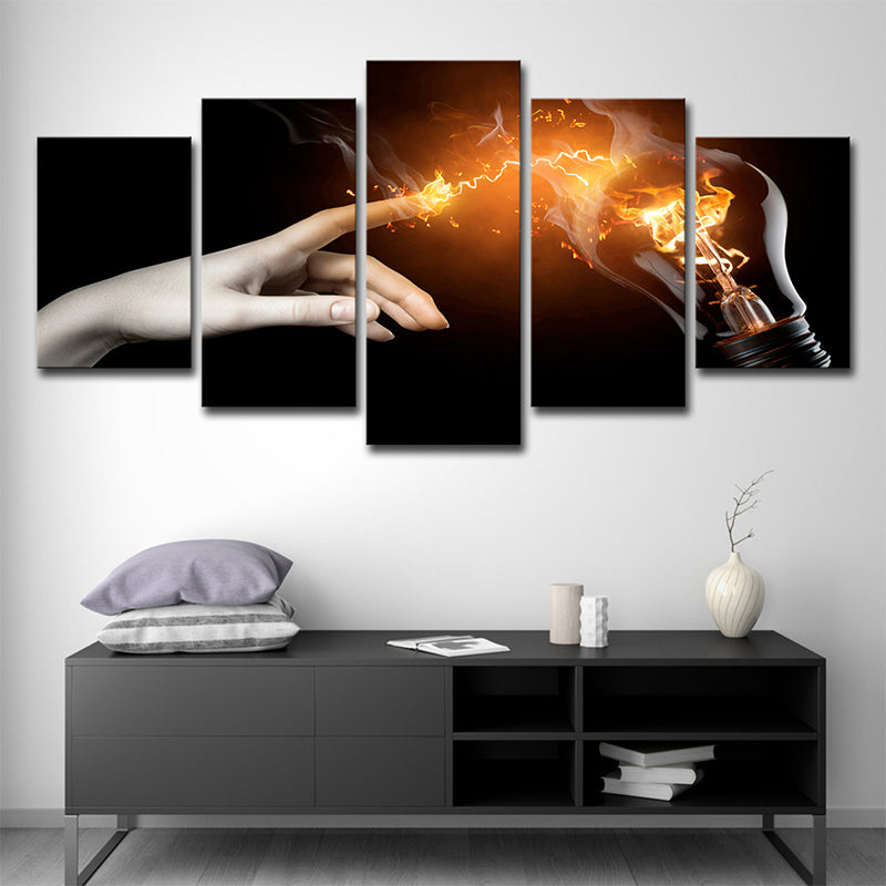 Hand and Light Bulb Canvas Modern Creative Magic Wall Art in Yellow on Black