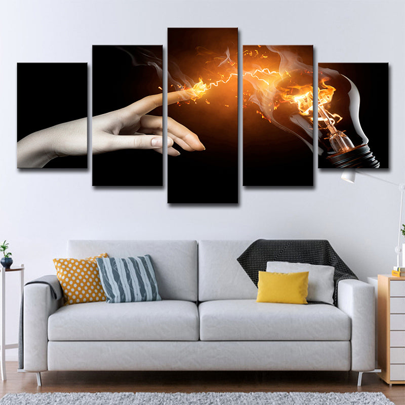 Hand and Light Bulb Canvas Modern Creative Magic Wall Art in Yellow on Black