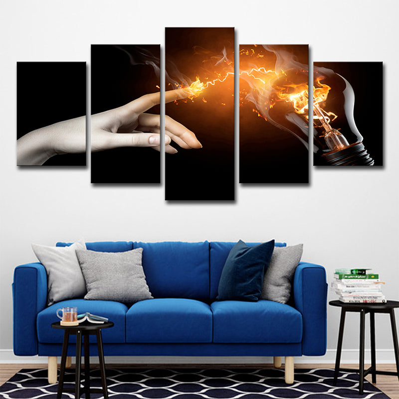 Hand and Light Bulb Canvas Modern Creative Magic Wall Art in Yellow on Black