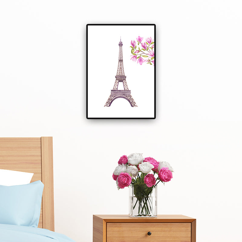 French Country for 80s Paintings Eiffel Tower and Magnolia Blossom Pink Canvas Wall Art