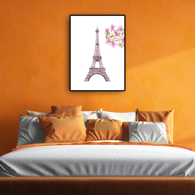 French Country for 80s Paintings Eiffel Tower and Magnolia Blossom Pink Canvas Wall Art