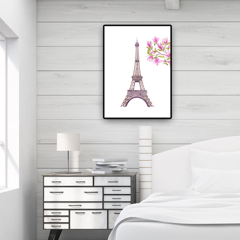 French Country for 80s Paintings Eiffel Tower and Magnolia Blossom Pink Canvas Wall Art