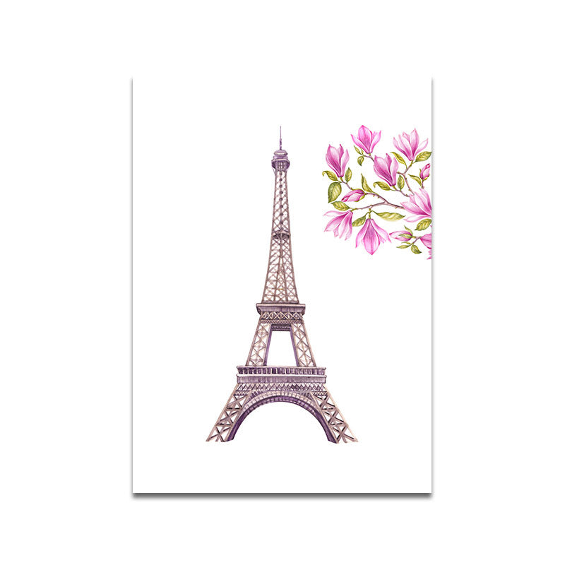 French Country for 80s Paintings Eiffel Tower and Magnolia Blossom Pink Canvas Wall Art