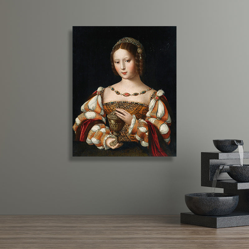 Noblewoman Portrait Painting Textured Retro Style Home Canvas Wall Art in Dark Color