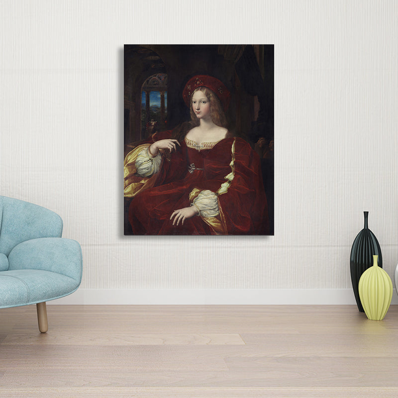 Noblewoman Portrait Painting Textured Retro Style Home Canvas Wall Art in Dark Color