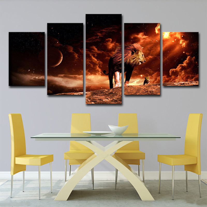 Outer Space Lion Wall Art Science Fiction Mysterious Planet Canvas Print in Brown