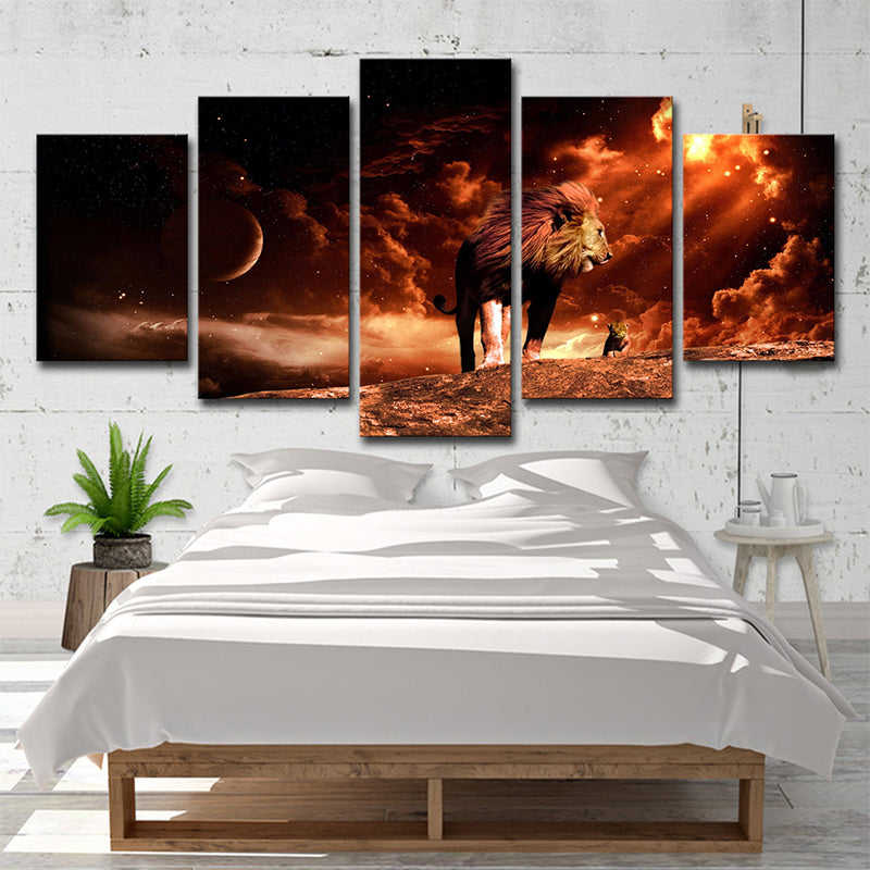 Outer Space Lion Wall Art Science Fiction Mysterious Planet Canvas Print in Brown