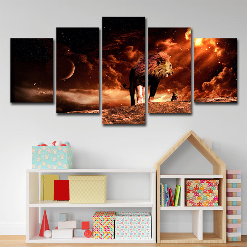 Outer Space Lion Wall Art Science Fiction Mysterious Planet Canvas Print in Brown