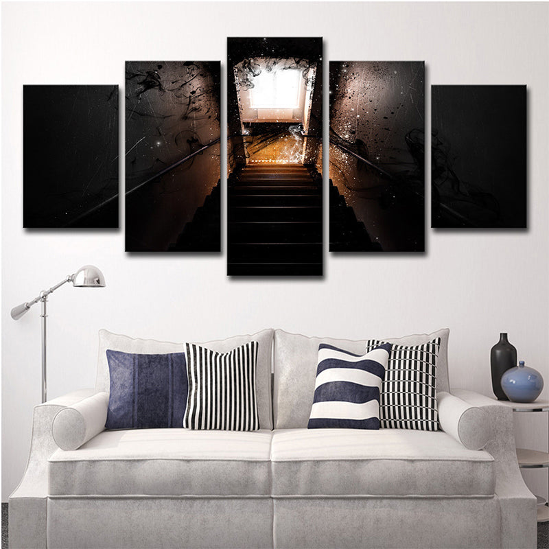 Multi-Piece Dark Stairway Wall Art Modernism Canvas Print for Living Room, Brown