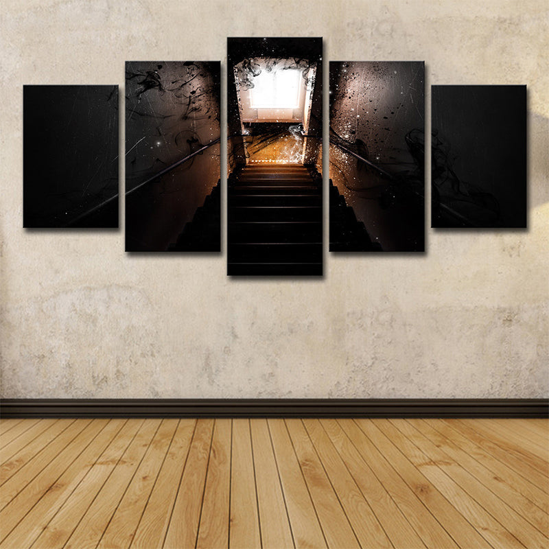 Multi-Piece Dark Stairway Wall Art Modernism Canvas Print for Living Room, Brown