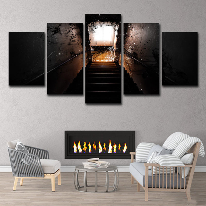 Multi-Piece Dark Stairway Wall Art Modernism Canvas Print for Living Room, Brown