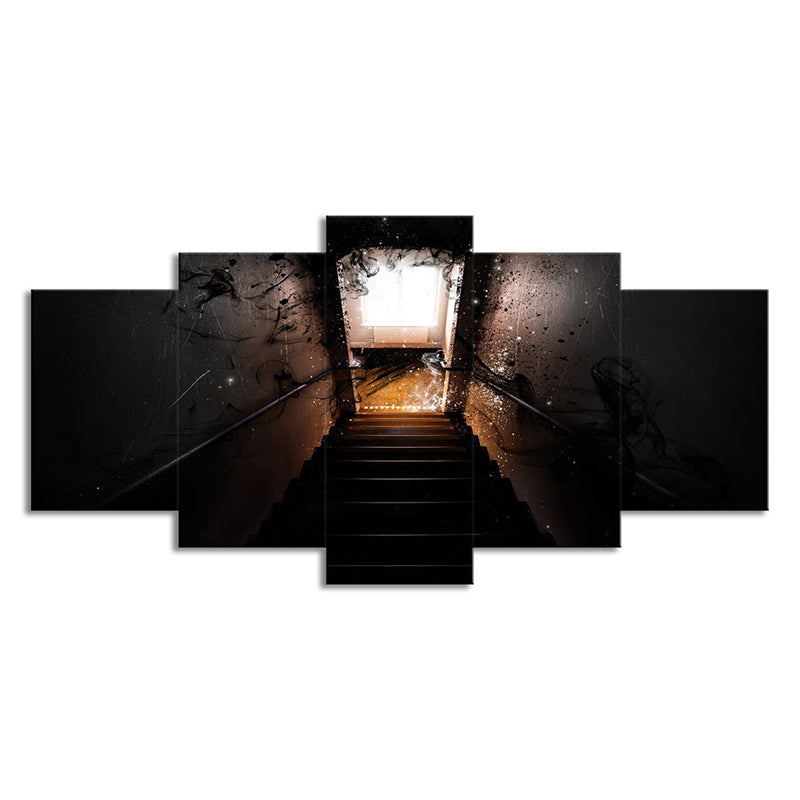 Multi-Piece Dark Stairway Wall Art Modernism Canvas Print for Living Room, Brown