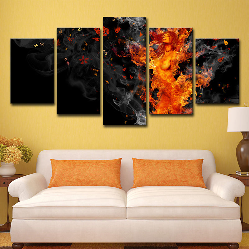 Nirvana Canvas Art Modern Beautiful Woman on Fire Wall Decor in Yellow and Black