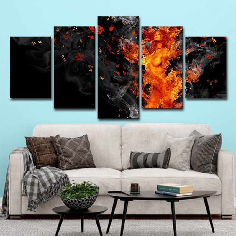 Nirvana Canvas Art Modern Beautiful Woman on Fire Wall Decor in Yellow and Black