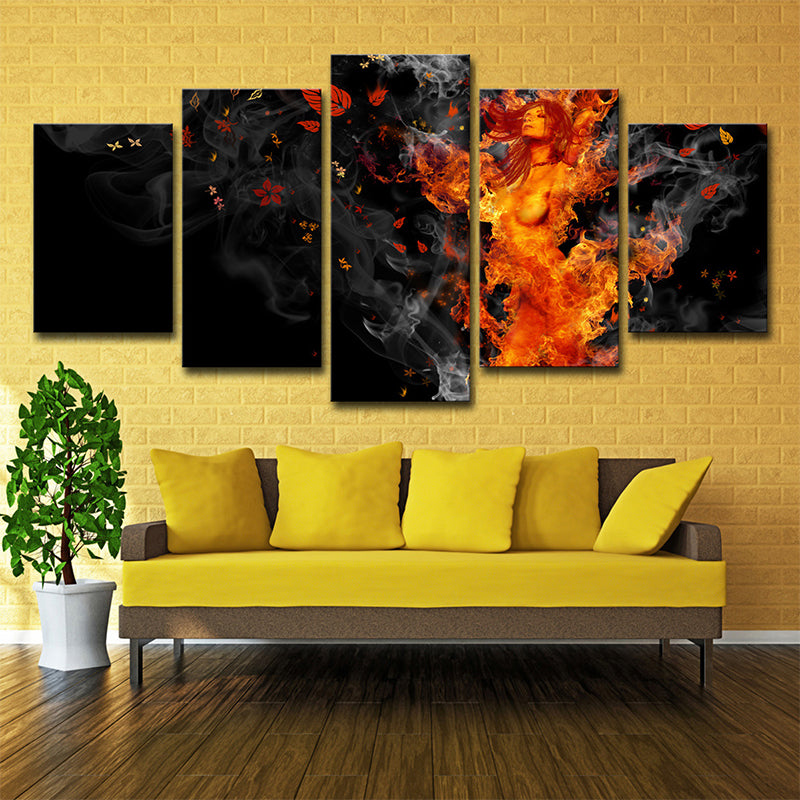 Nirvana Canvas Art Modern Beautiful Woman on Fire Wall Decor in Yellow and Black