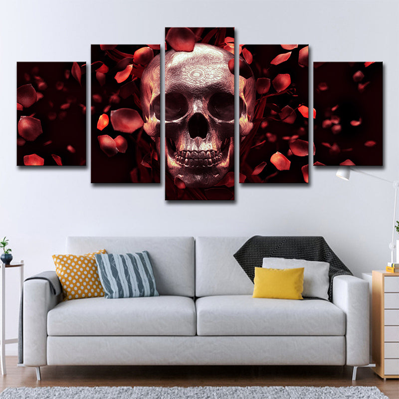 Skull and Rose Petals Canvas Art Contemporary Multi-Piece Wall Decor in Red for Home