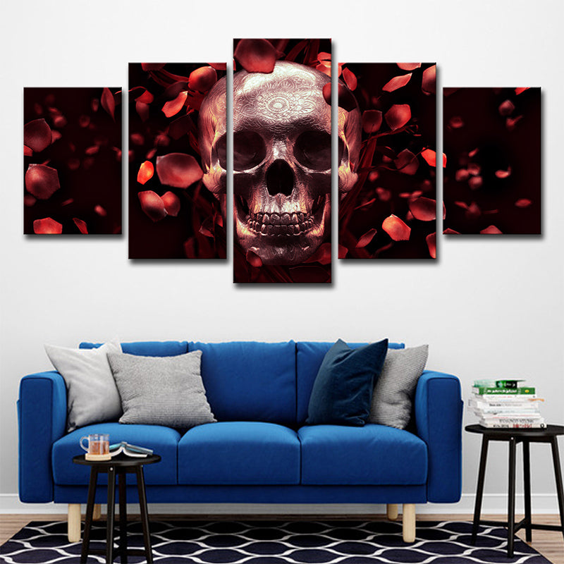 Skull and Rose Petals Canvas Art Contemporary Multi-Piece Wall Decor in Red for Home