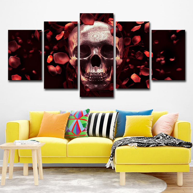 Skull and Rose Petals Canvas Art Contemporary Multi-Piece Wall Decor in Red for Home