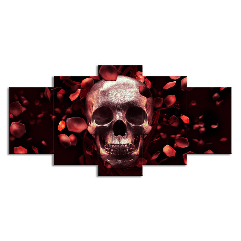 Skull and Rose Petals Canvas Art Contemporary Multi-Piece Wall Decor in Red for Home