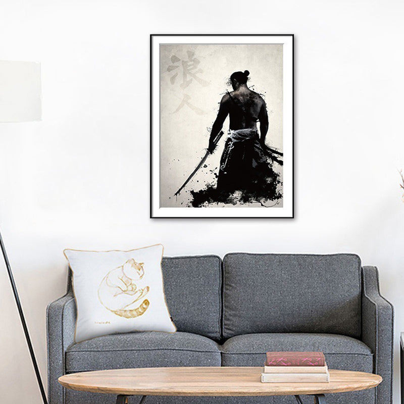 Asian Warrior Painting Canvas Decorative Black Wall Art Print for Parlor, Multiple Sizes