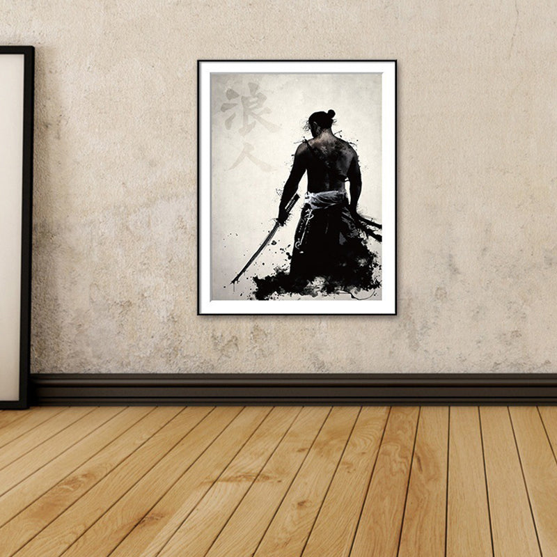 Asian Warrior Painting Canvas Decorative Black Wall Art Print for Parlor, Multiple Sizes