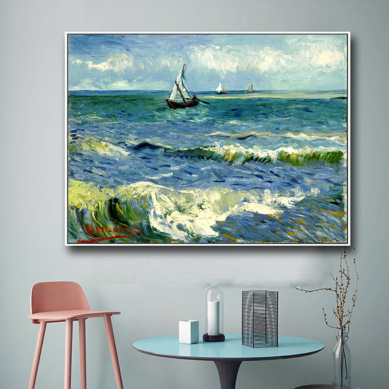 Ships Sailing in Waves Painting Blue Canvas Wall Art Print for Living Room, Texture