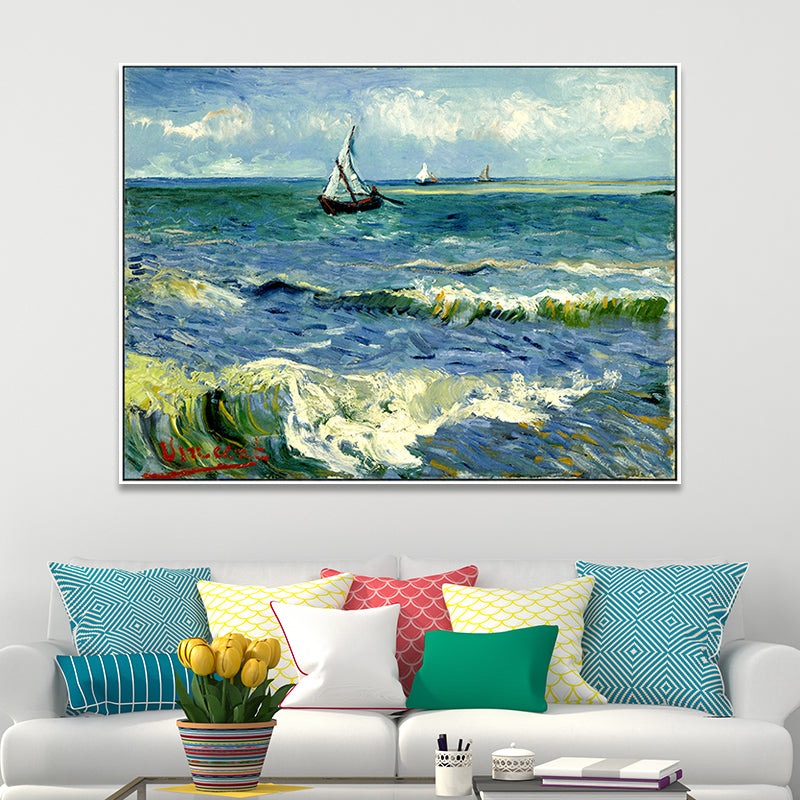 Ships Sailing in Waves Painting Blue Canvas Wall Art Print for Living Room, Texture