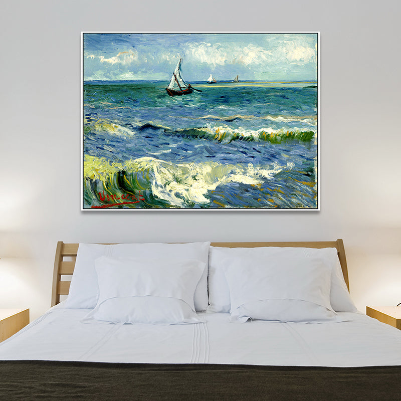 Ships Sailing in Waves Painting Blue Canvas Wall Art Print for Living Room, Texture