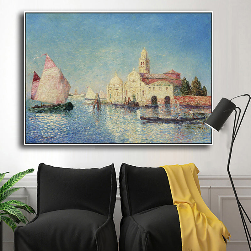 Oil Painting Venice Canal Canvas Wall Art for Sitting Room, Blue and Pink, Textured