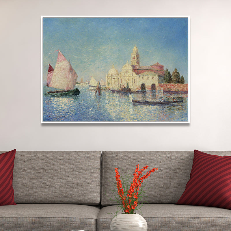 Oil Painting Venice Canal Canvas Wall Art for Sitting Room, Blue and Pink, Textured