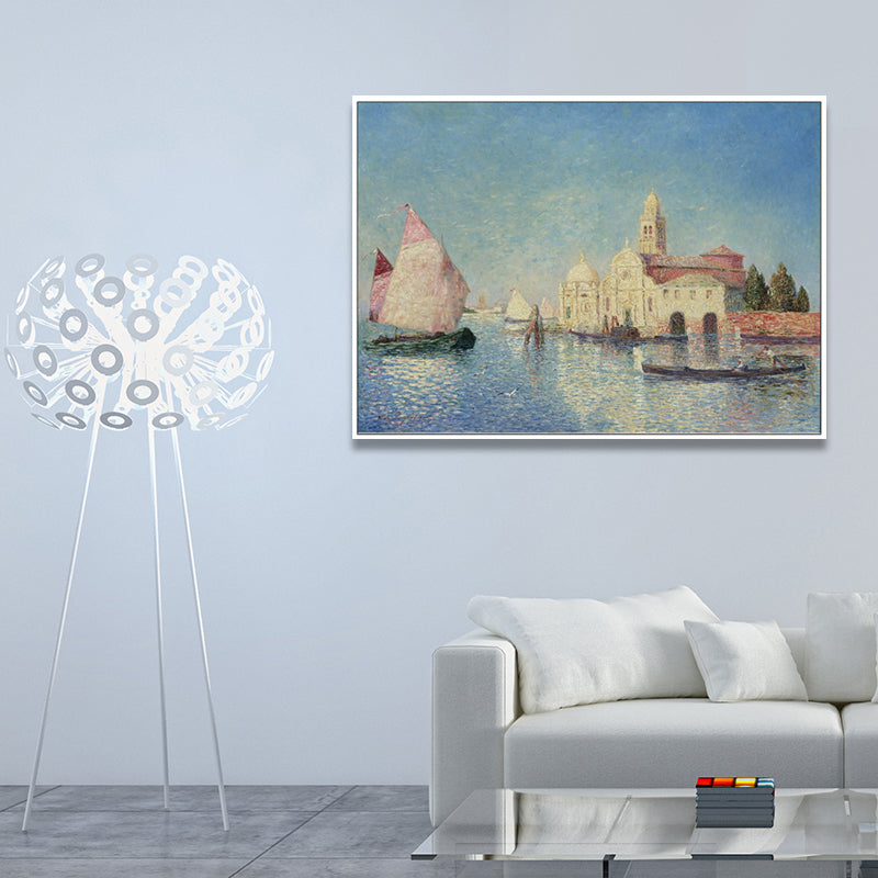 Oil Painting Venice Canal Canvas Wall Art for Sitting Room, Blue and Pink, Textured