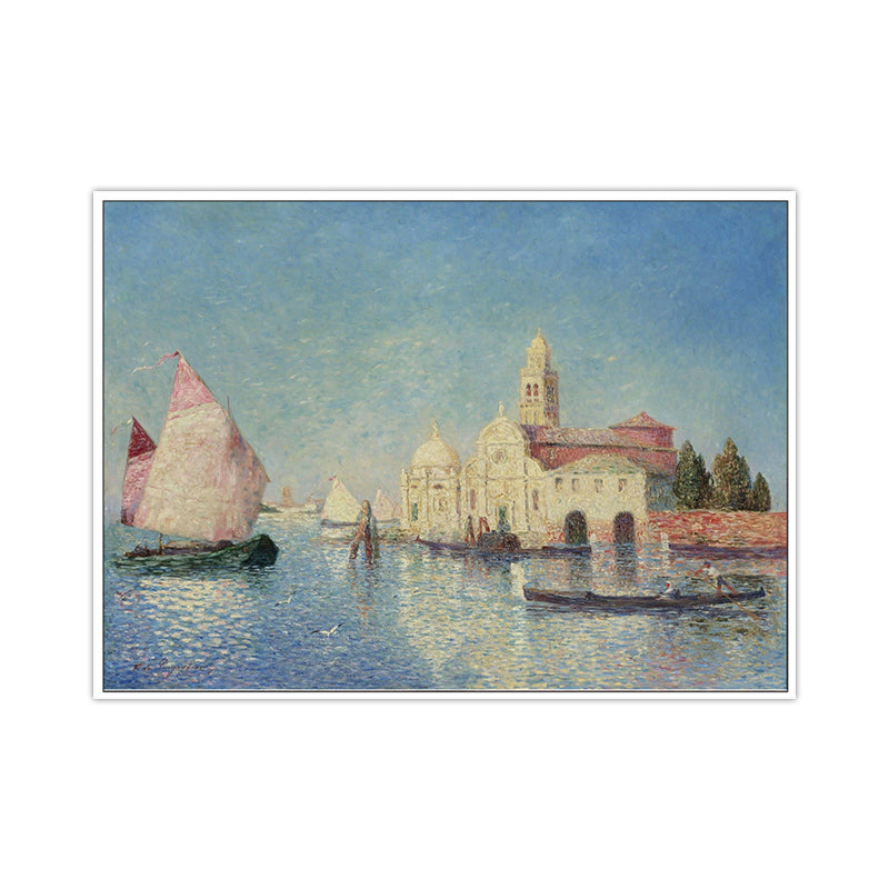 Oil Painting Venice Canal Canvas Wall Art for Sitting Room, Blue and Pink, Textured