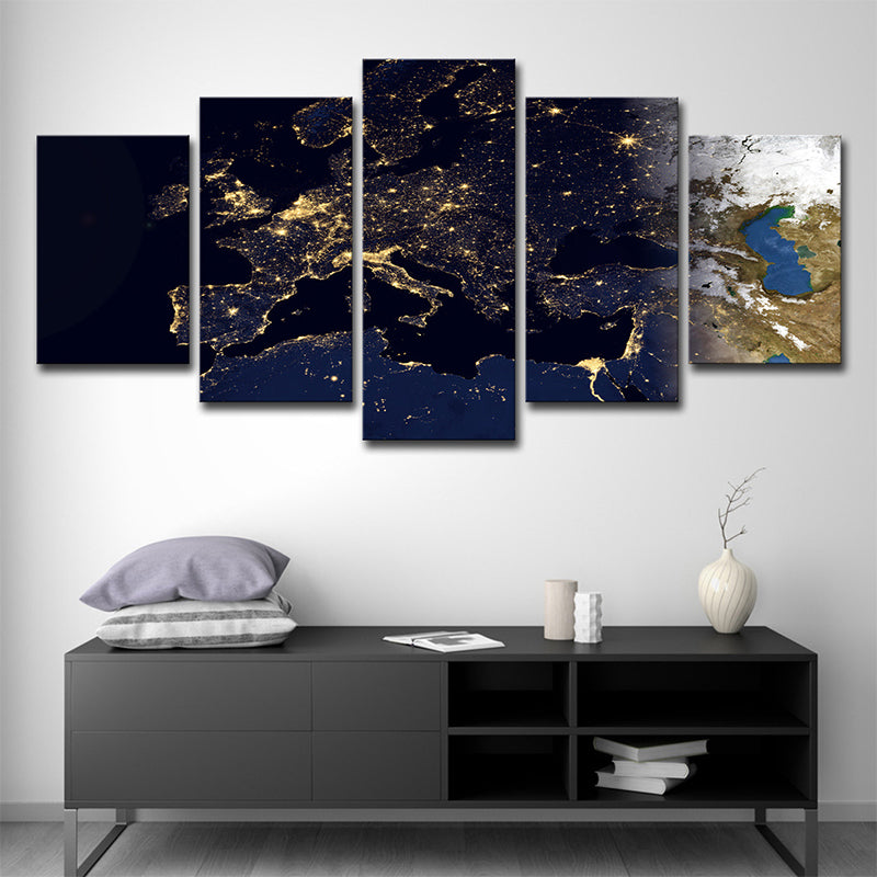 Gold World Map Canvas Print Multi-Piece Contemporary House Interior Wall Art on Black