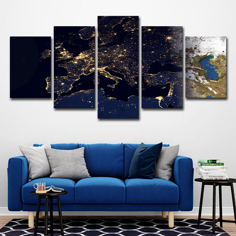 Gold World Map Canvas Print Multi-Piece Contemporary House Interior Wall Art on Black